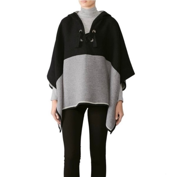 ba&sh Lady Cape Small hooded poncho wool black‎ gray neutral sweater knit cozy - Picture 11 of 12